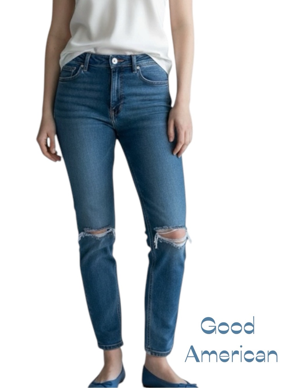 Good American Light Wash Factory Distressed Cropped Bohemian Blue Jeans Size 32